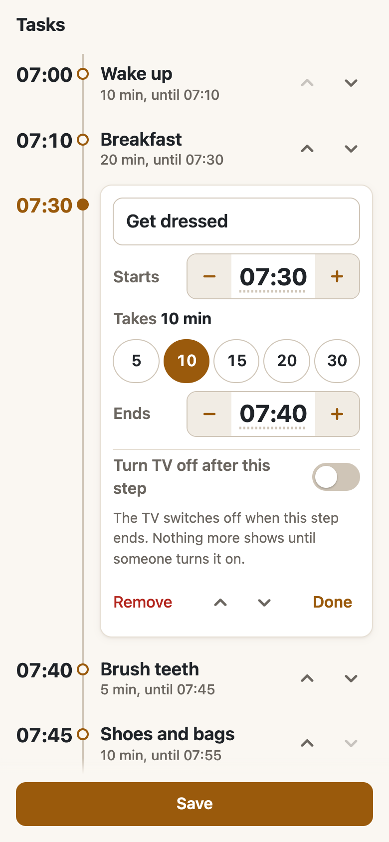 The phone editor: tasks from Wake up at 07:00 to Shoes and bags at 07:45, with Get dressed open to change its start and length.